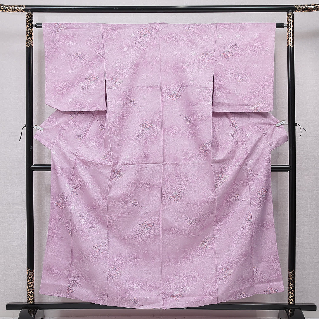 新古品 小紋 洗える着物 袷 身丈158cm 裄丈65cm ポリエステル Nランク Mサイズ 広衿 インフォーマル 吉祥文様 菊 紫系 1215-15788