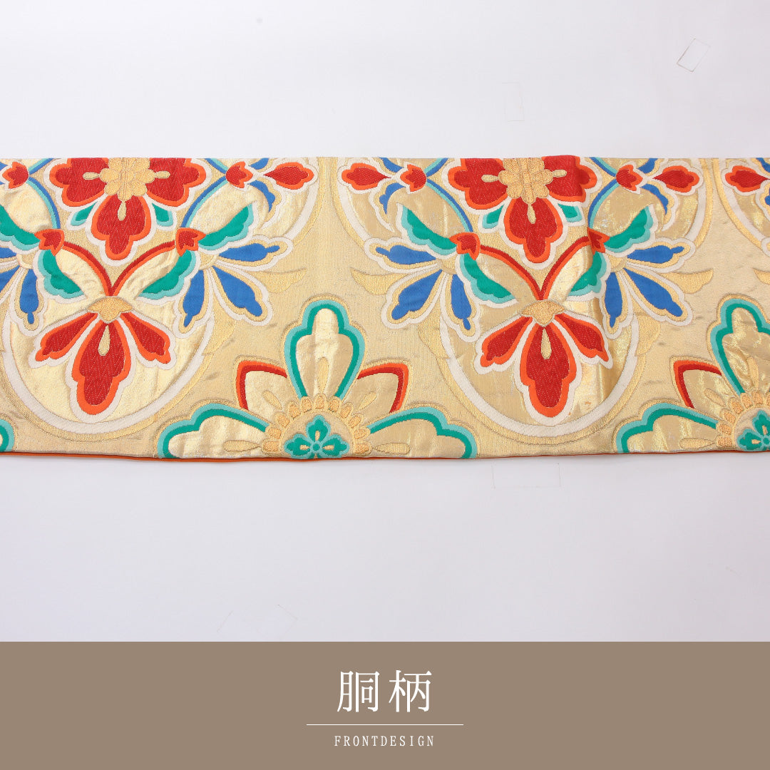 袋帯 帯丈416cm 正絹 六通 フォーマル 唐織 宝相華 金系 1243-02185