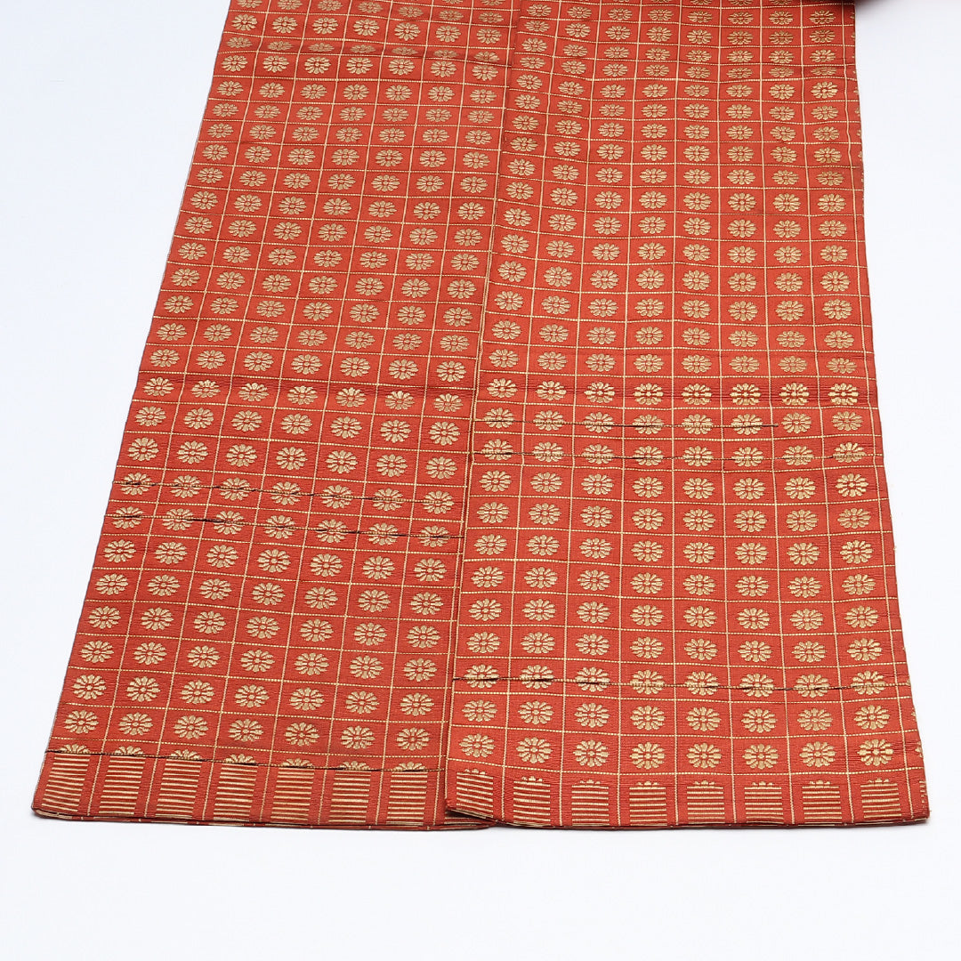 半幅帯 帯丈352cm カジュアル 小袋帯 全通 Aランク 正絹 格子 菊 朱系 1225-00642