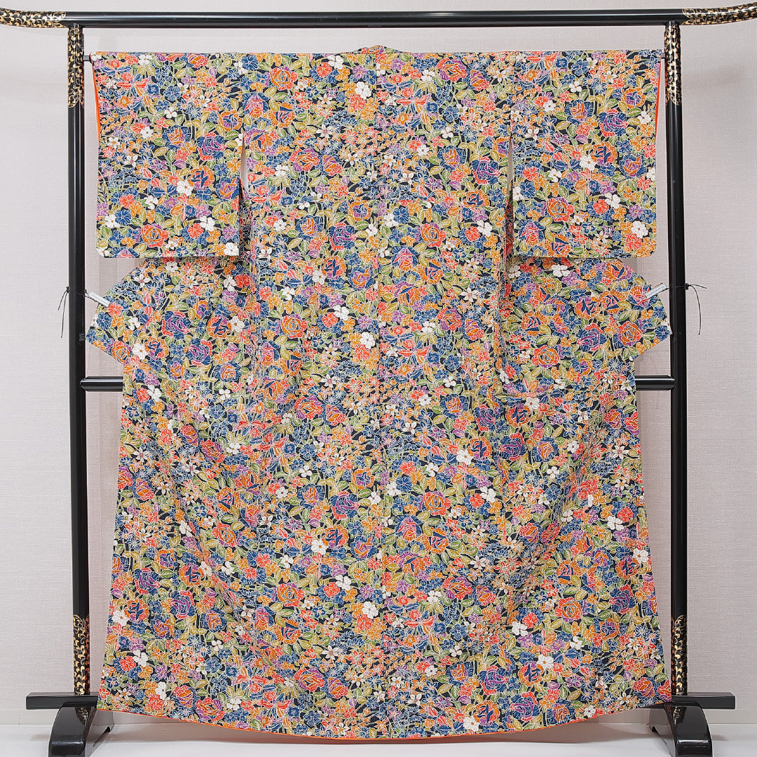 小紋 袷 身丈164cm 裄丈65cm 正絹 Aランク インフォーマル 広衿 Lサイズ 花柄 多色系 RP 1221-15200