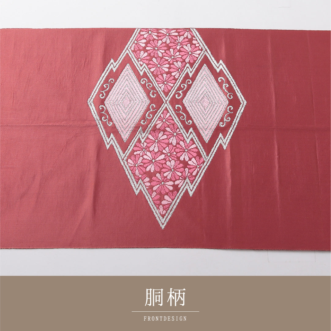 八寸名古屋帯 帯丈336cm セミフォーマル 松葉仕立て ポイント柄 Cランク 正絹 松皮菱 赤系 ピンク系 1224-03692