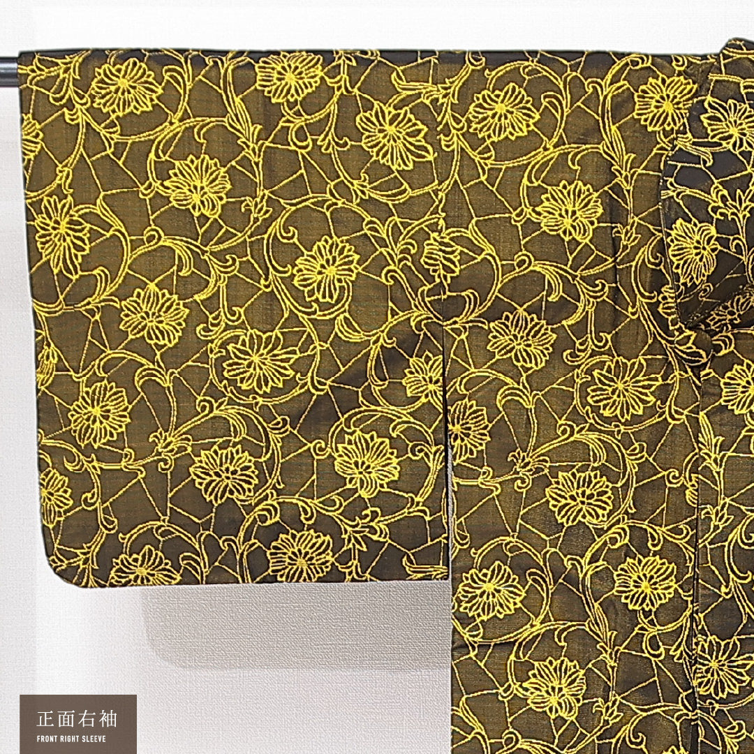 道中着 袷 身丈87cm 裄丈65cm 正絹 Dランク セミフォーマル バチ衿 Mサイズ 唐菊 黒系 HP 1236-15161