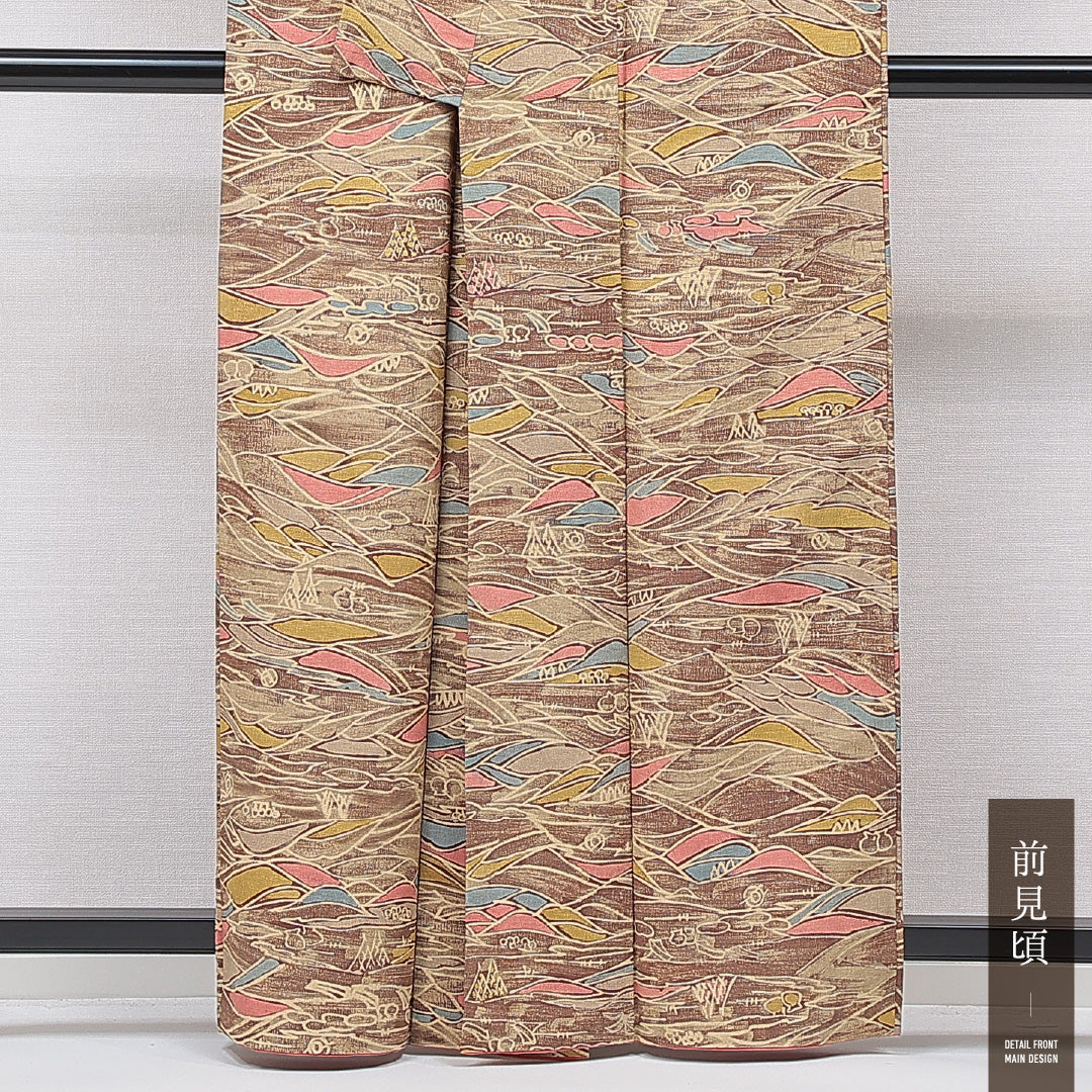 小紋 袷 身丈161cm 裄丈64cm 正絹 Sランク インフォーマル 広衿 Lサイズ 風景柄 茶系 RP 1221-15563