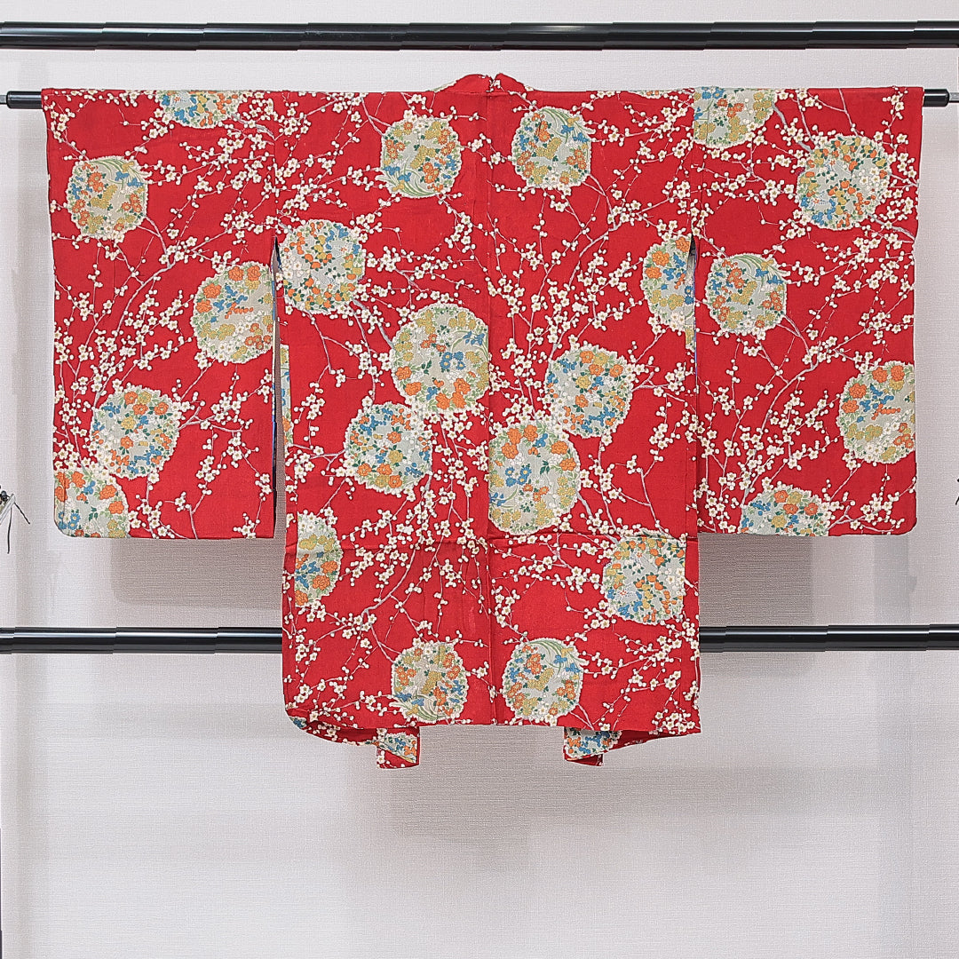 アンティーク 羽織 袷 身丈93cm 裄丈62cm 正絹 Aランク Sサイズ 紐あり 梅 赤系 M4 1232-16776