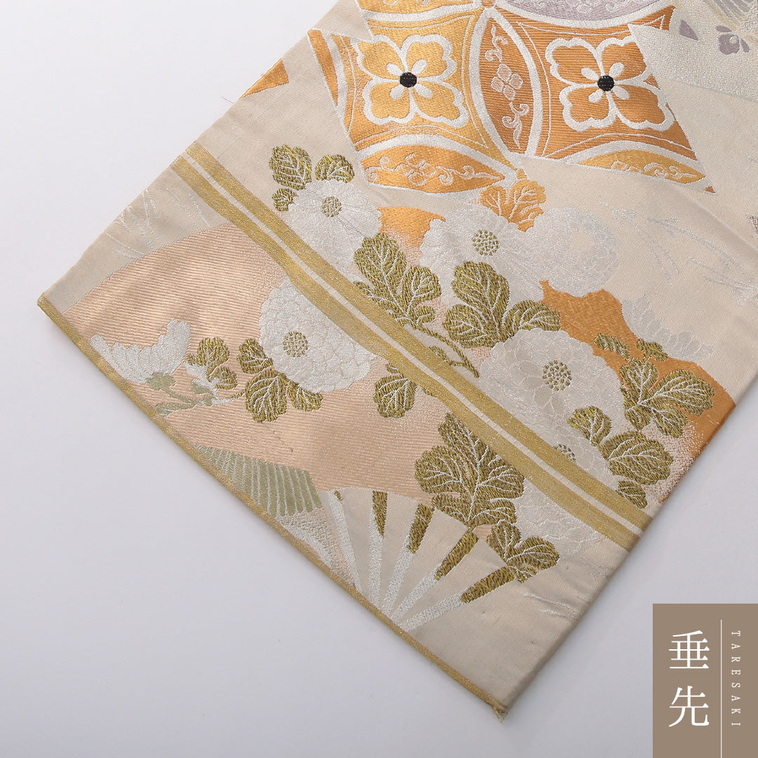 アンティーク 九寸名古屋帯 帯丈370cm 名古屋仕立て 全通 Cランク 正絹 扇 梅 クリーム系 1224-03813