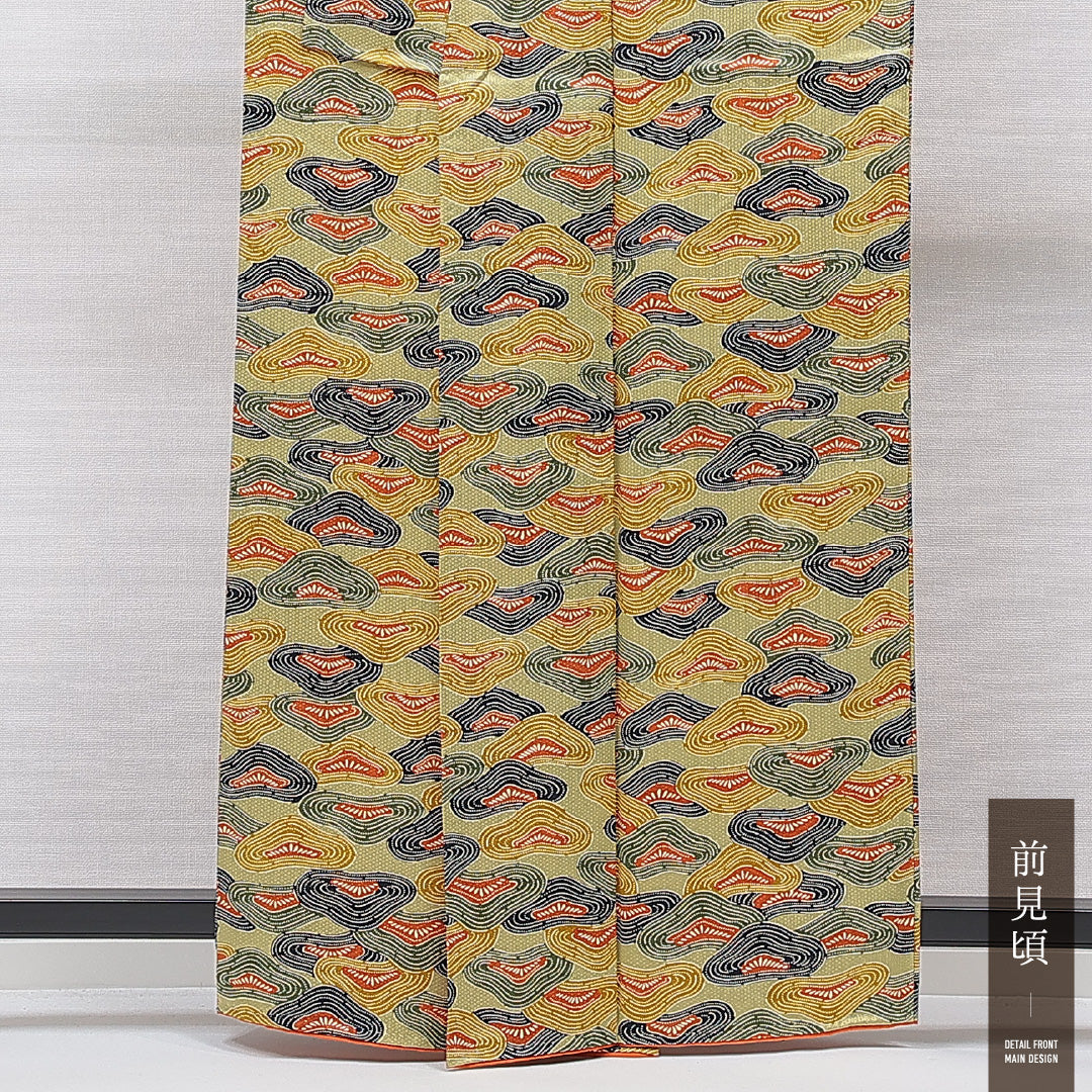 小紋 袷 身丈161cm 裄丈64cm 正絹 Sランク インフォーマル 広衿 Lサイズ 笠松 緑系 RP 1221-15589