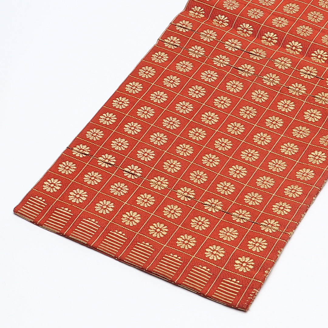 半幅帯 帯丈352cm カジュアル 小袋帯 全通 Aランク 正絹 格子 菊 朱系 1225-00642