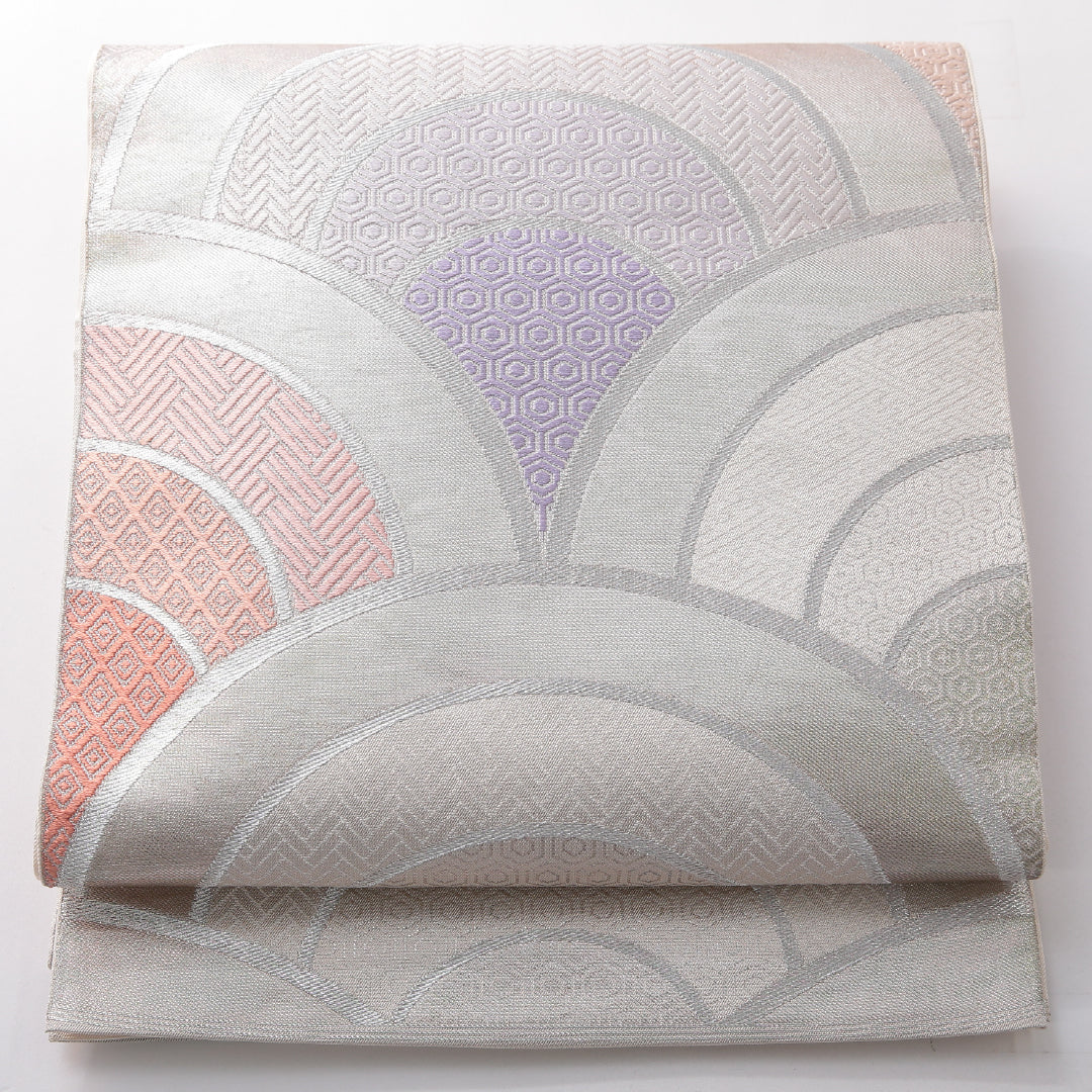 袋帯 帯丈430cm フォーマル 六通 Aランク 正絹 吉祥文様 青海波 クリーム系 銀系 1223-02119