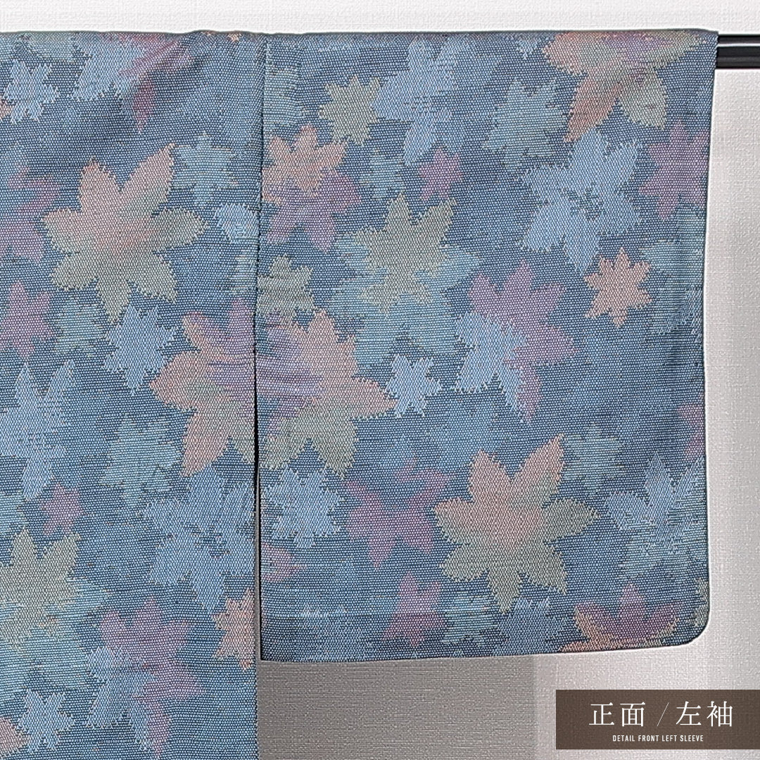 ウールの紬 洗える着物 単衣 身丈153cm 裄丈61cm ウール Cランク Sサイズ バチ衿 カジュアル 肩当て 楓 青系 1216-15027