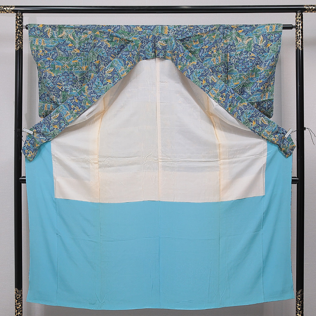小紋 袷 身丈152cm 裄丈62cm 正絹 Aランク インフォーマル 広衿 Sサイズ チューリップ 笹 青系 RP 1221-15753