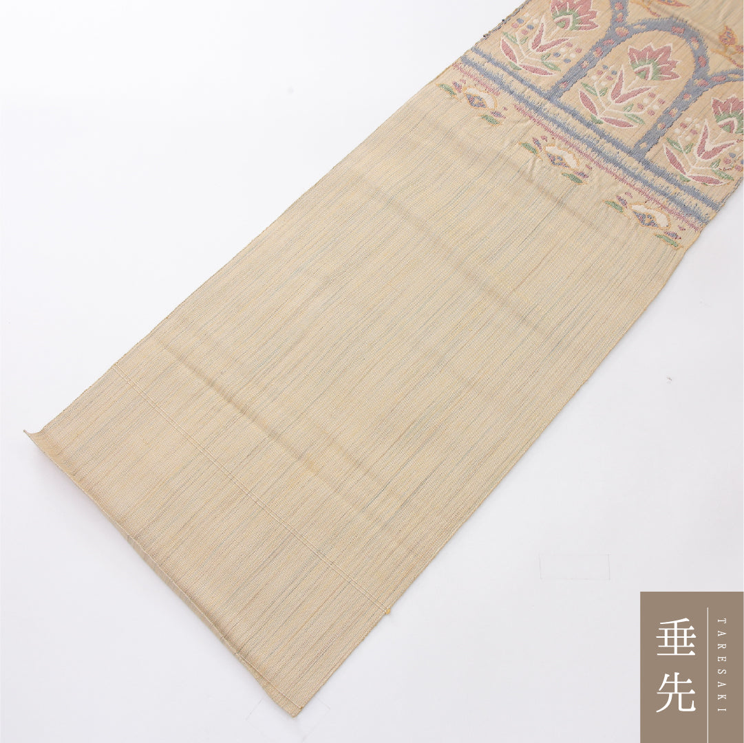 八寸名古屋帯 Cランク 帯丈345cm 正絹 ポイント柄 松葉仕立て 織り カジュアル 紬 ペルシャ文様 ベージュ系 RP 1245-04076