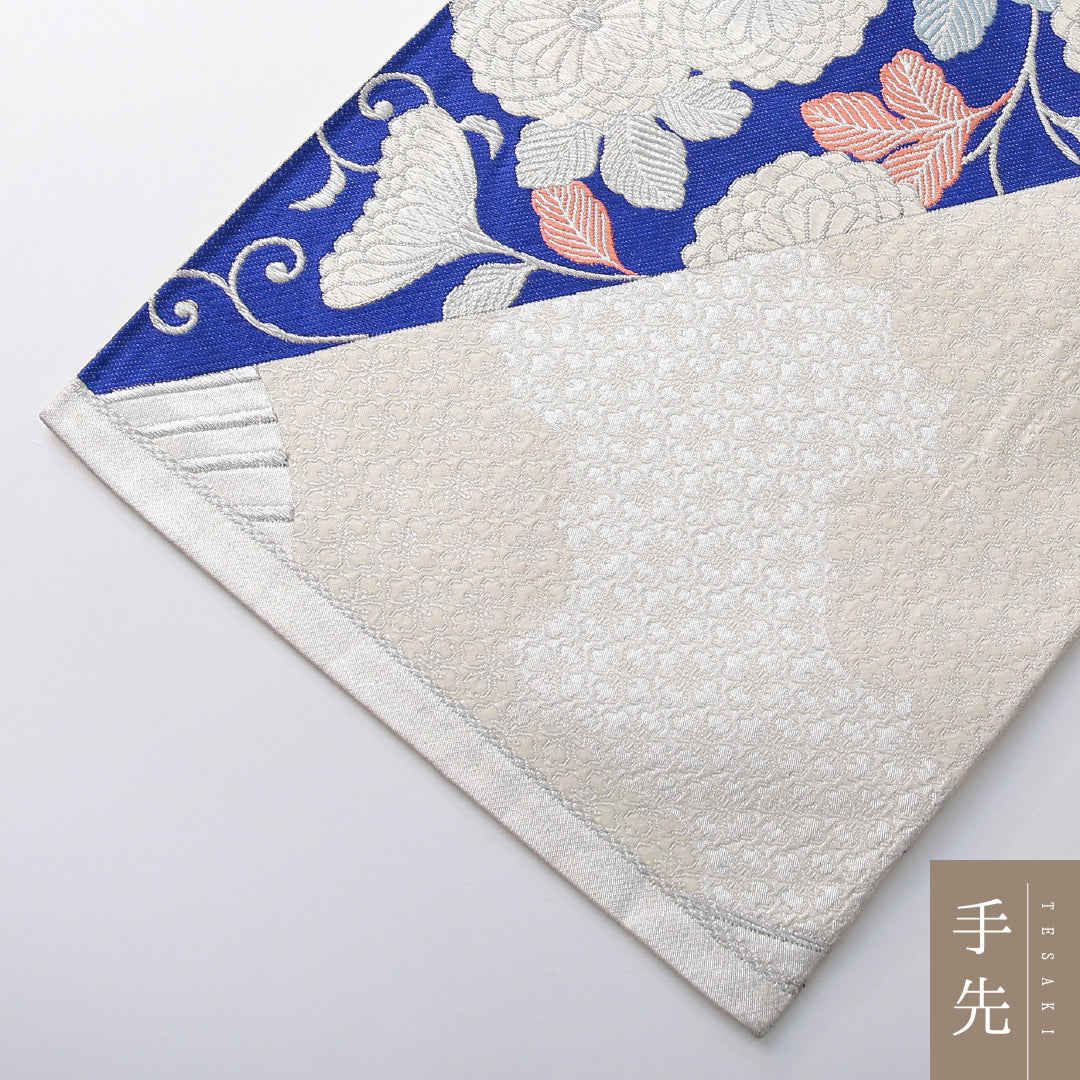 袋帯 帯丈428cm 正絹 六通 帯芯なし フォーマル 菊唐草文 扇面文 吉祥文様 クリーム系 1243-02147