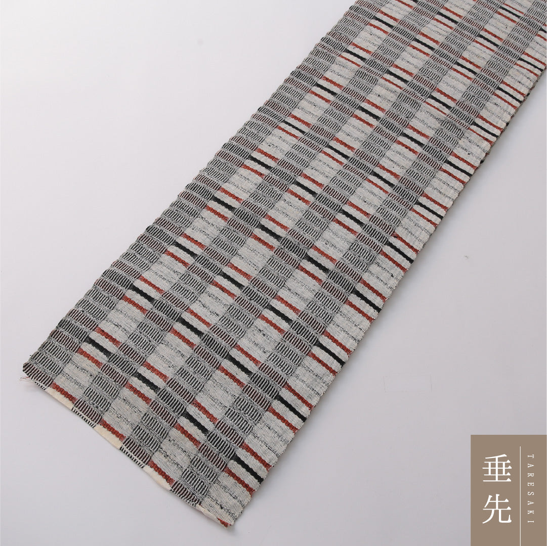 八寸名古屋帯 Cランク 帯丈328cm ポリエステル 洗える帯 全通 開き仕立て 織り カジュアル 斜子織 幾何学柄 グレー系・白系 RP 1245-03258
