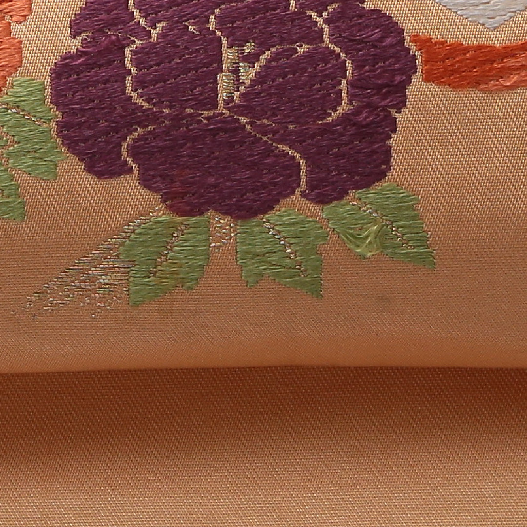 九寸名古屋帯 帯丈354cm セミフォーマル 名古屋仕立て ポイント柄 Cランク 正絹 菊 朱系 1224-03552