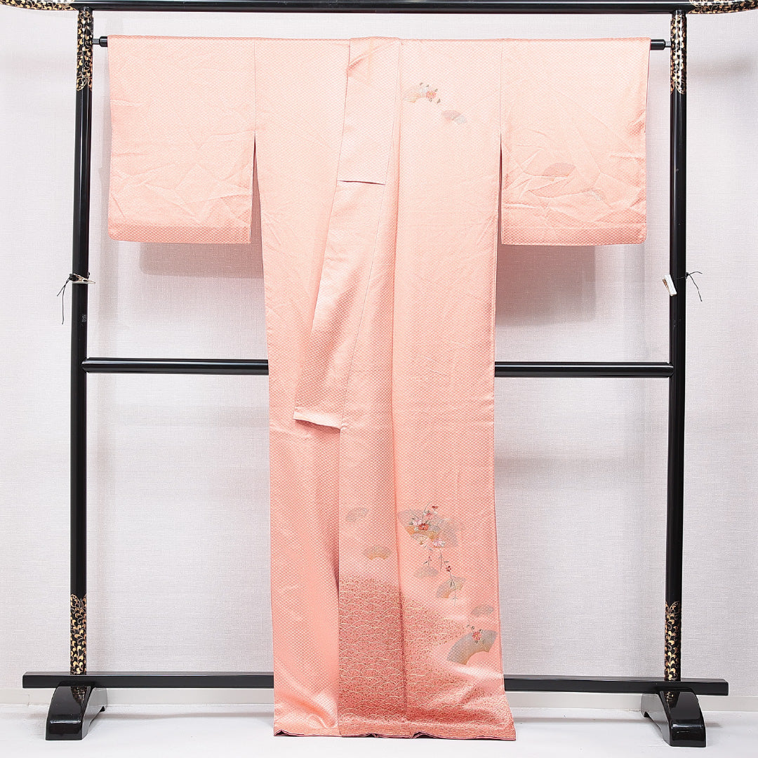 付下げ 袷 身丈169cm 裄丈67cm 正絹 Sランク インフォーマル 広衿 XLサイズ 蘇州刺繍 扇 菊 朱系 RP 1218-15541