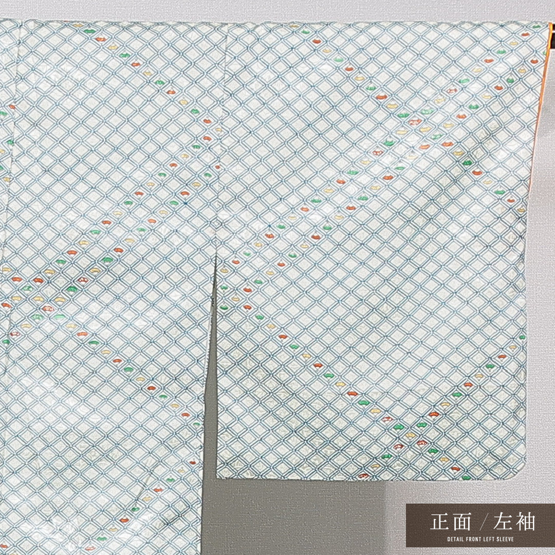 洗える着物 小紋 袷 身丈153cm 裄丈61cm ポリエステル Sランク インフォーマル バチ衿 Sサイズ 扇 白系 RP 1221-15814