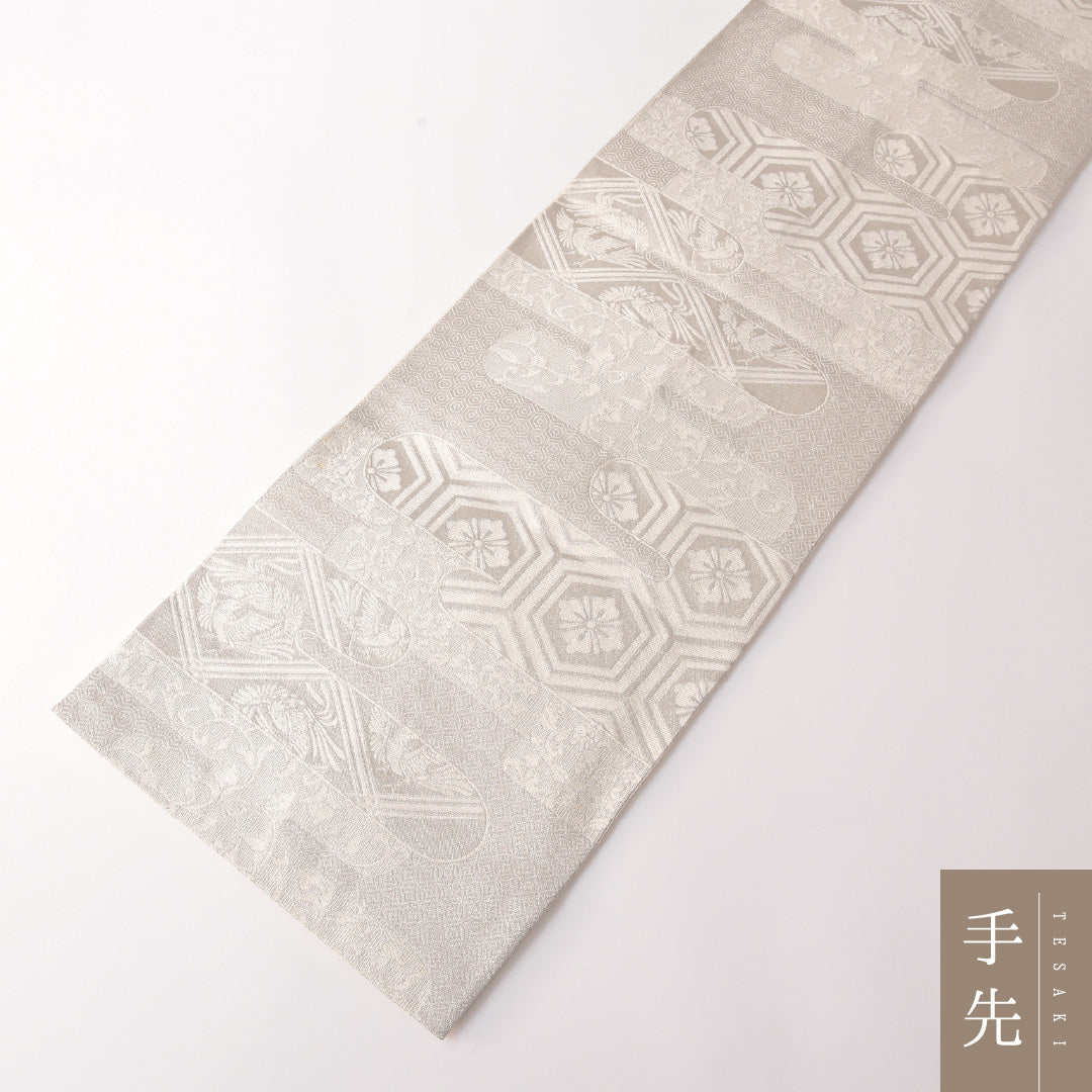 袋帯 帯丈412cm 正絹 全通 フォーマル 花菱亀甲 吉祥文様 銀系 白系 1243-01834