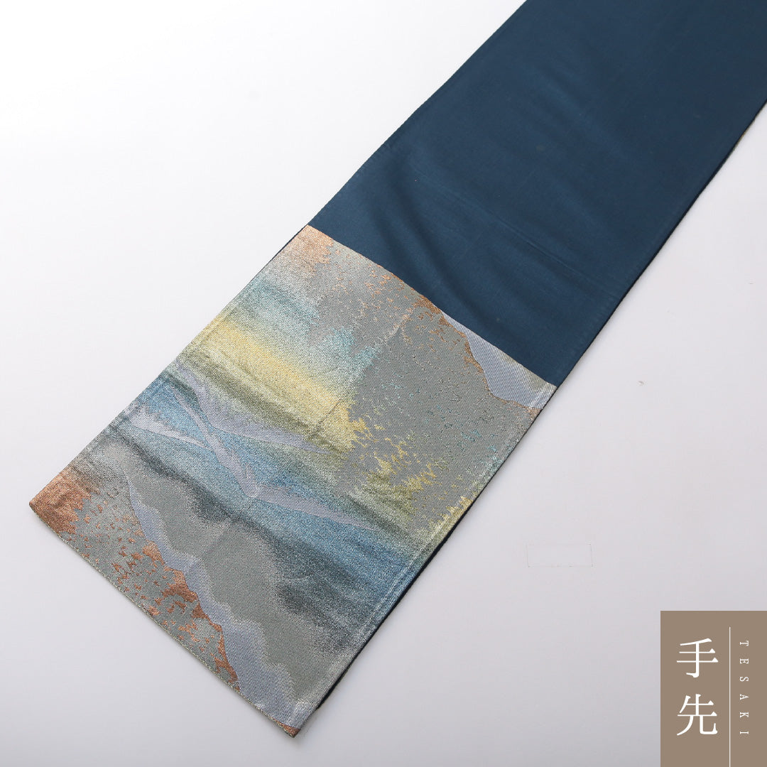 袋帯 帯丈408cm セミフォーマル 六通 帯芯なし Sランク 正絹 引箔 木立 山 紺系 銀系 1223-02074