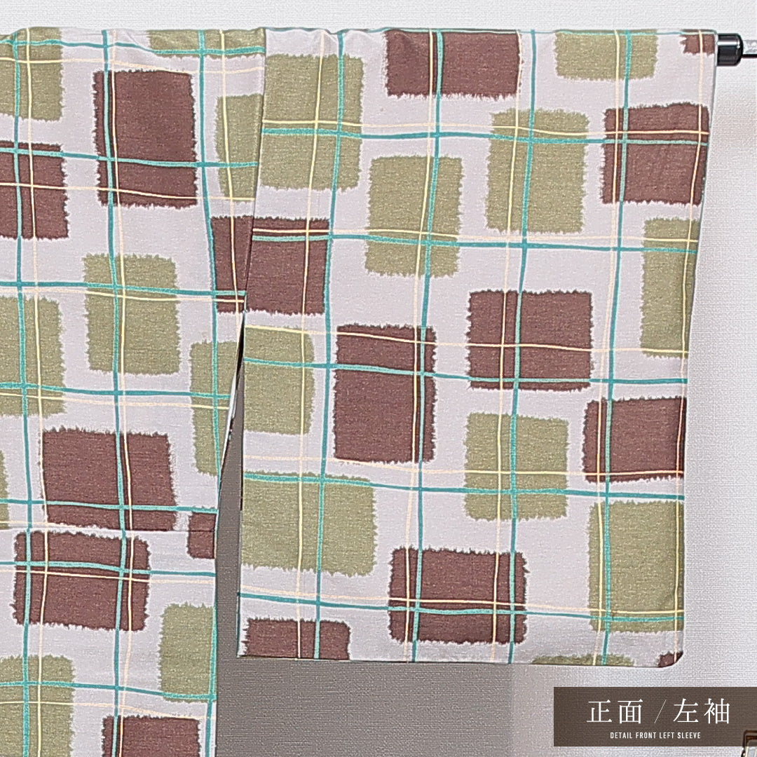 紬 袷 身丈162cm 裄丈66cm 正絹 Cランク カジュアル 広衿 Lサイズ 格子 緑系 LP 1223-16284