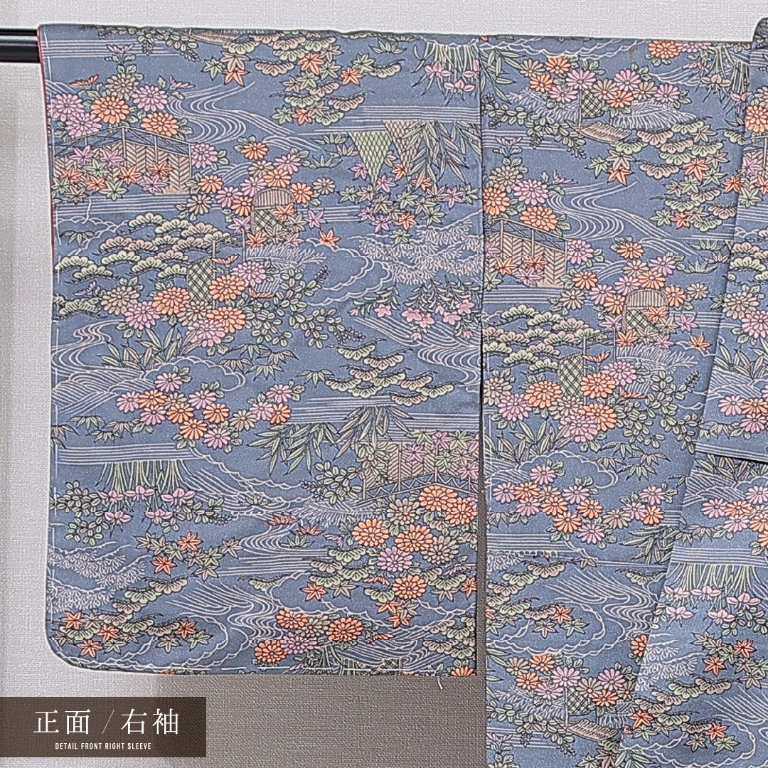 洗える着物 小紋 袷 身丈152cm 裄丈60cm ポリエステル Sランク インフォーマル 広衿 Sサイズ 菊 笹 グレー系 RP 1221-15689