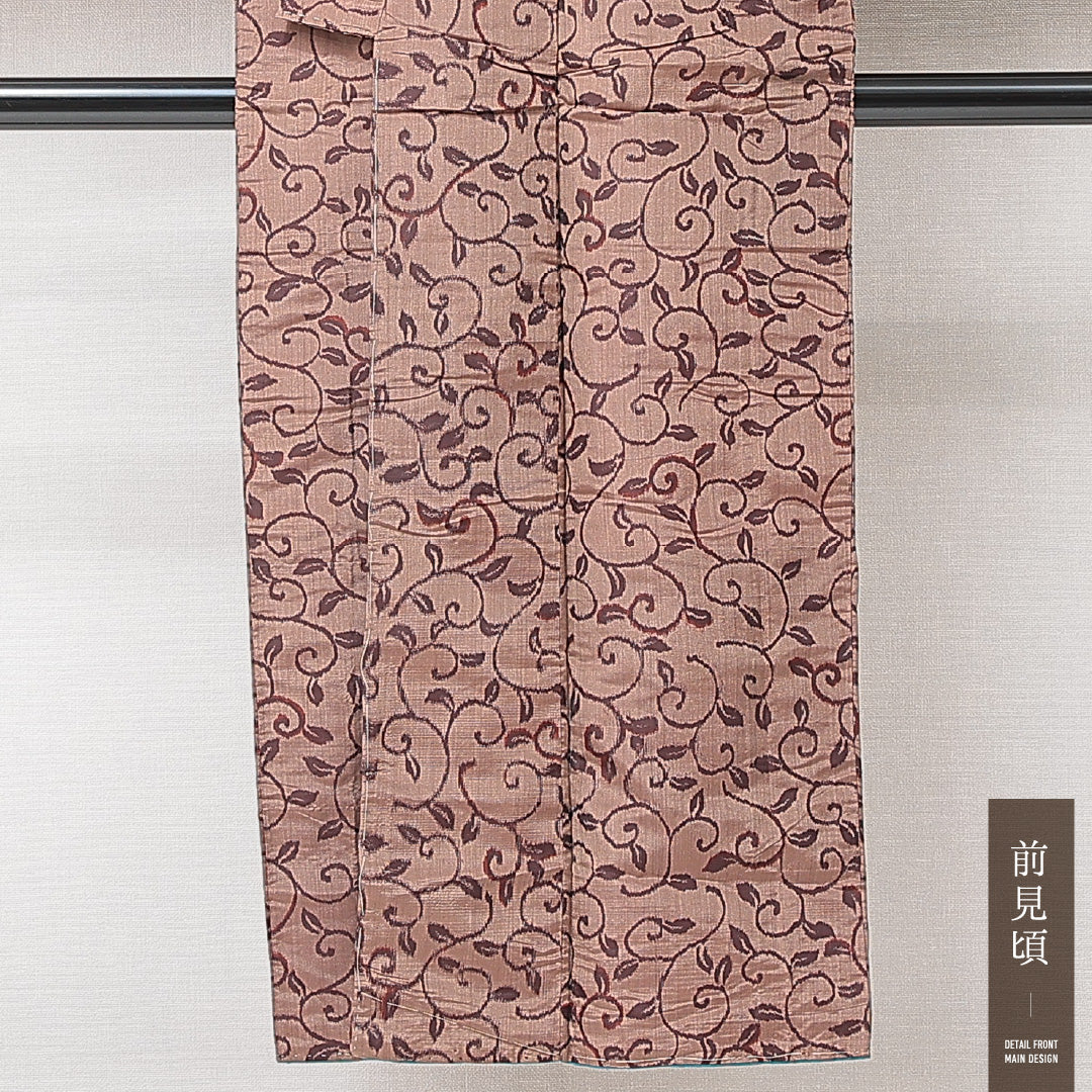 アンティーク 銘仙の着物 袷 身丈146cm 裄丈61cm 正絹 Aランク バチ衿 XSサイズ 唐草 茶系 RP 1223-15206