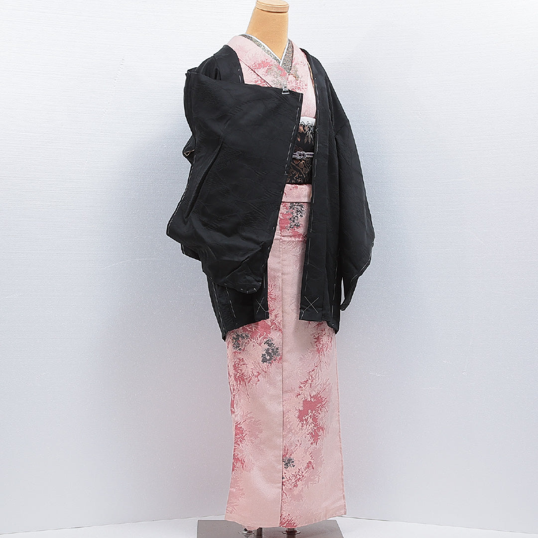黒羽織 袷 身丈82cm 裄丈65cm 正絹 Aランク 一つ紋 (中陰五三桐) 紋意匠 (吉祥文様) セミフォーマル Mサイズ 織り出し 黒系 RP 1233-16144