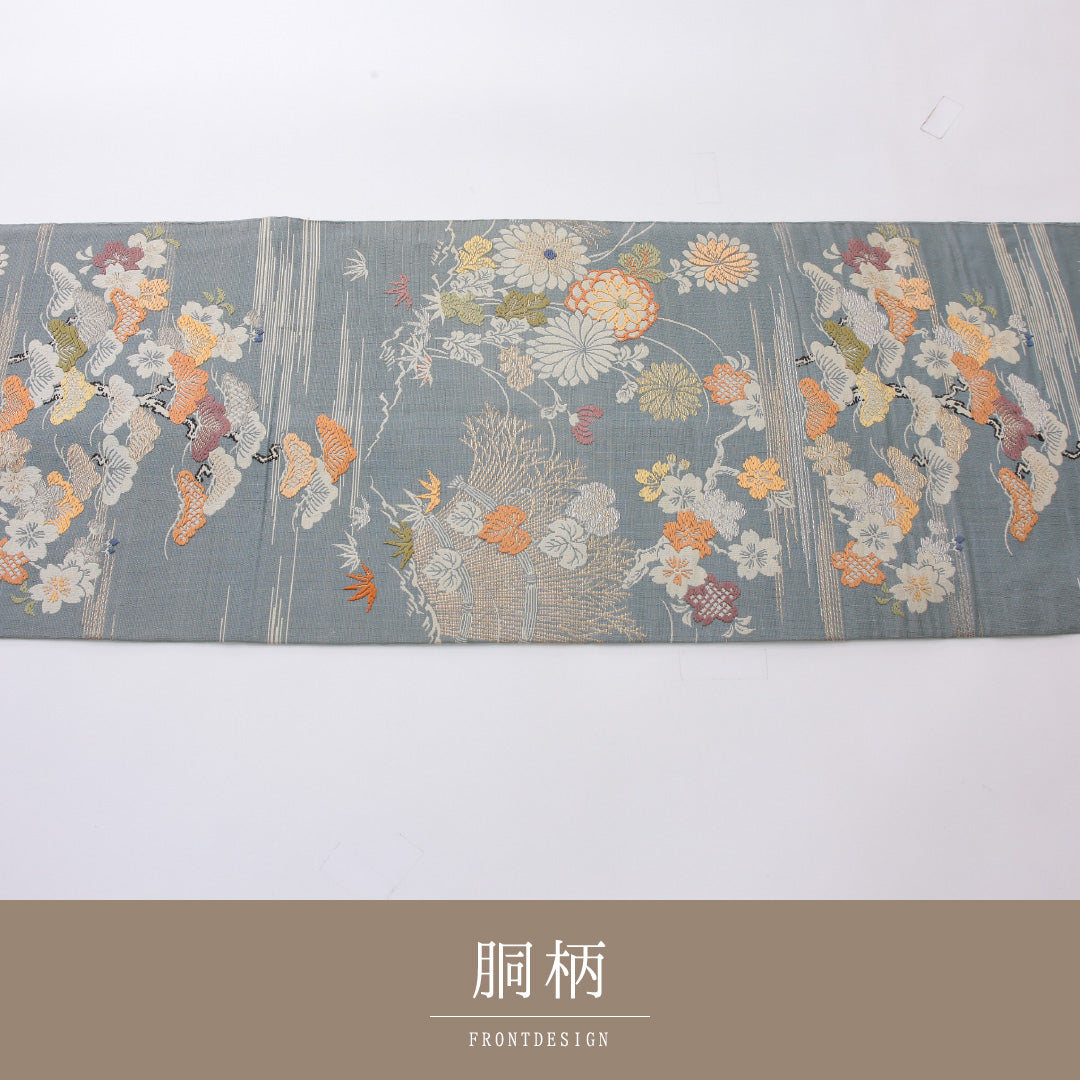 アンティーク 丸帯 帯丈414cm 正絹 全通 四季草花 水色系 グレー系 1242-02201