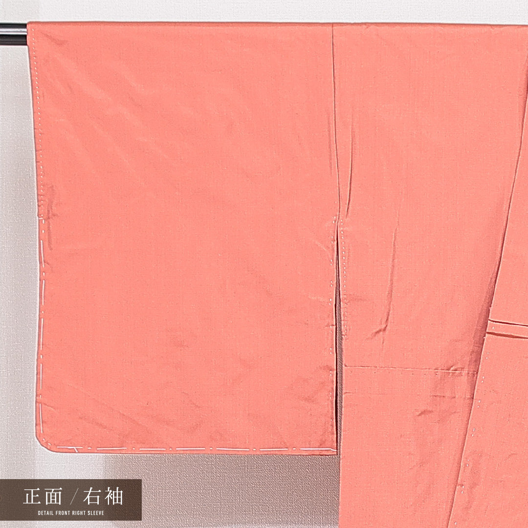 未使用品 紬 袷 身丈155cm 裄丈65cm 正絹 Nランク カジュアル 広衿 Mサイズ しつけ糸 無地 朱系 RP 1223-15111