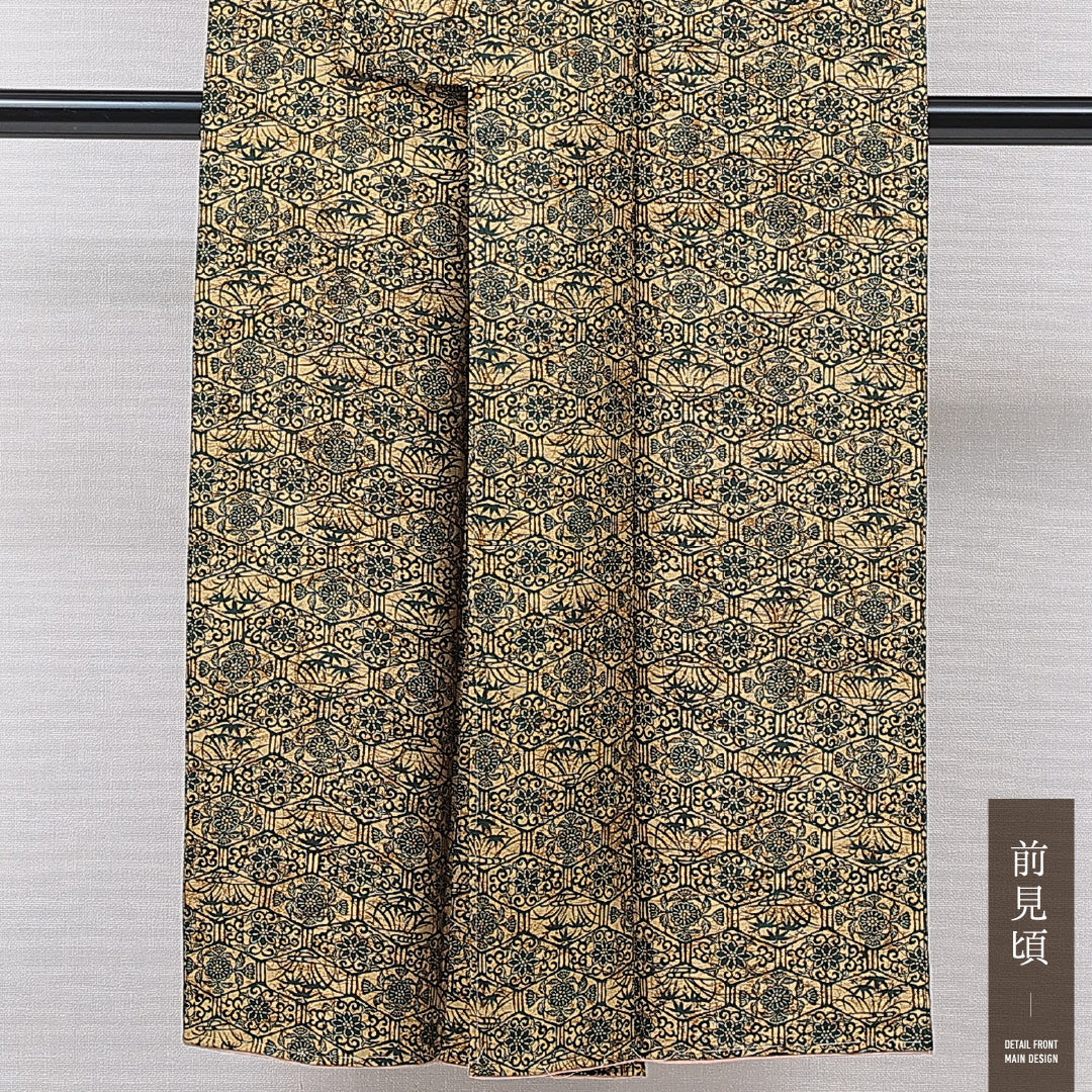 小紋 袷 身丈147cm 裄丈63cm 正絹 Aランク インフォーマル 広衿 XSサイズ 染め紬 蜀江 菊 黄系 RP 1221-15564