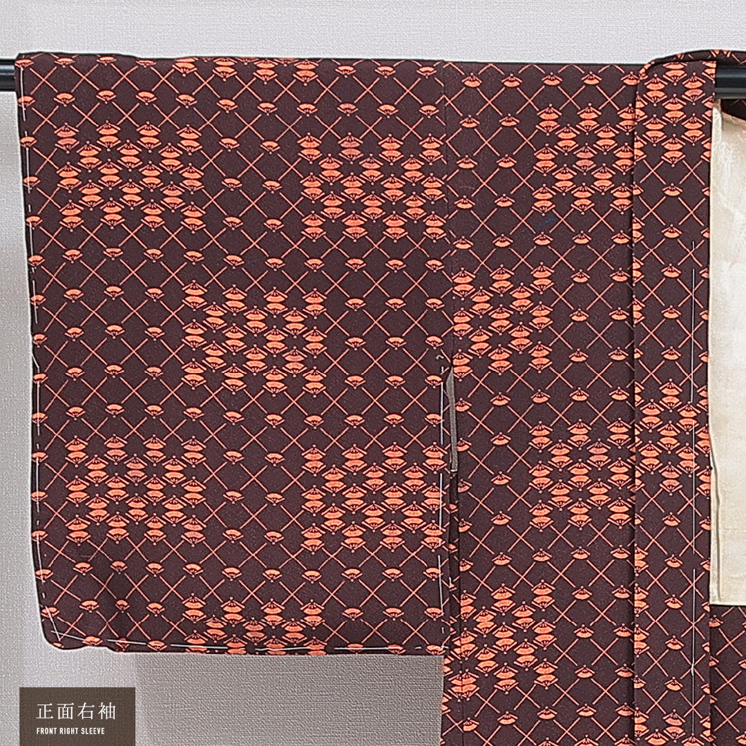羽織 袷 身丈78cm 裄丈63cm 正絹 Bランク カジュアル Sサイズ 扇 茶系 HP 1232-16190