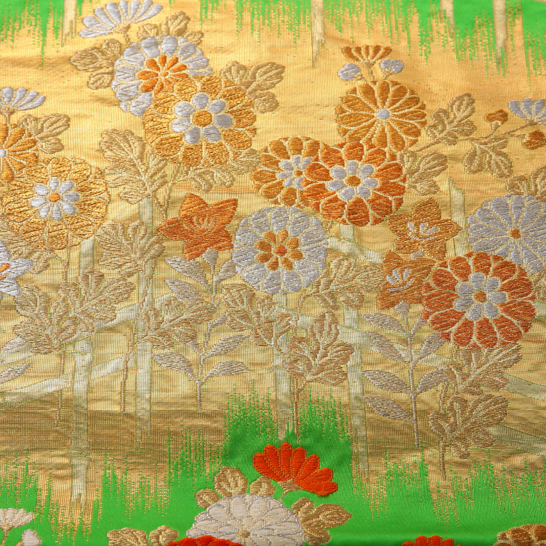 袋帯 帯丈420cm フォーマル 六通 Sランク 正絹 菊 金系 緑系 1223-02003