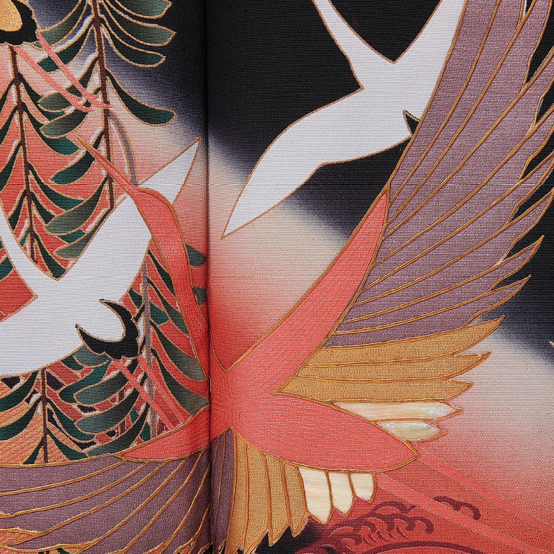 黒留袖 袷 身丈165cm 裄丈67cm 五つ紋 五三桐 フォーマル Cランク XLサイズ 正絹 比翼仕立て 広衿 鶴 刺繍 1211-F0763