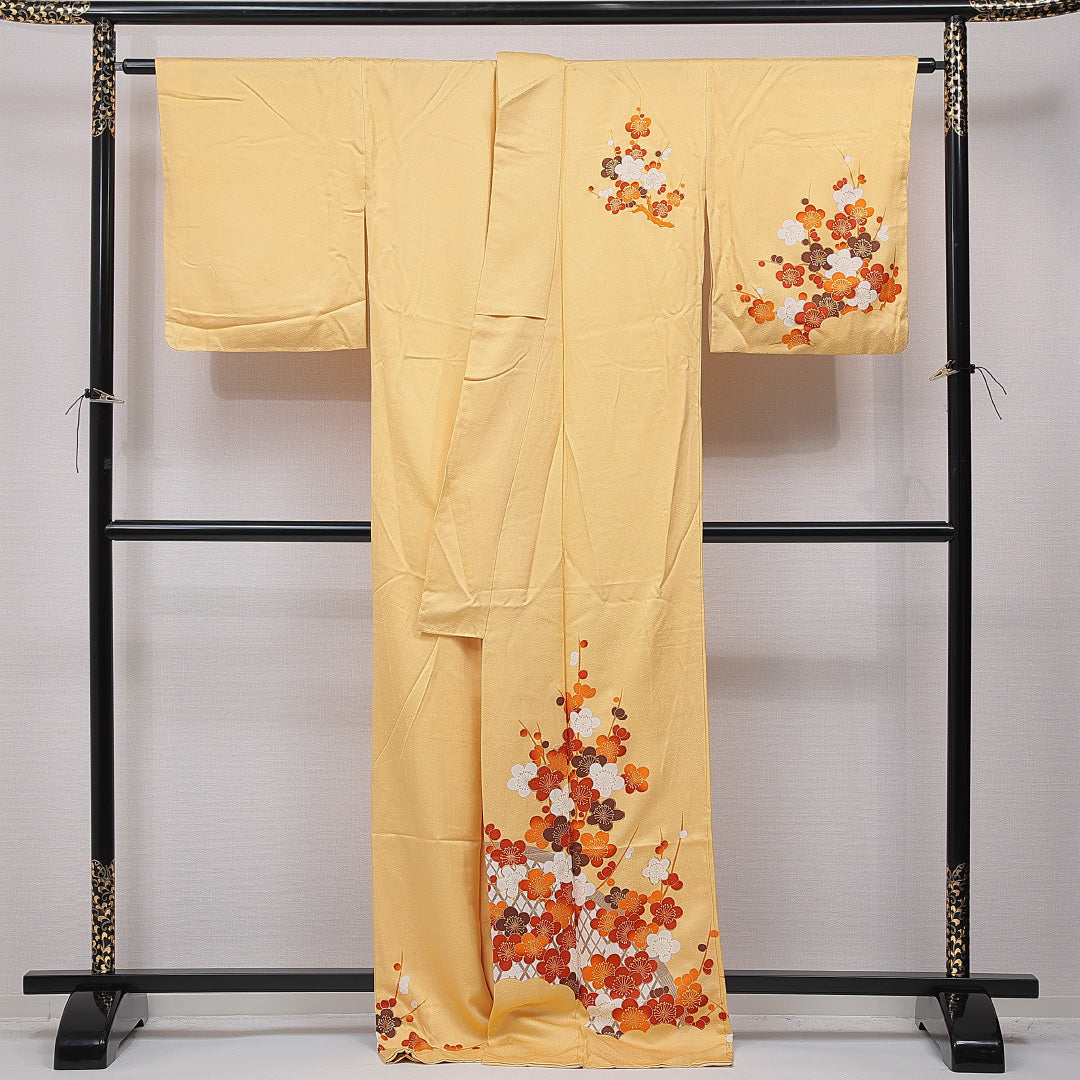 訪問着 袷 身丈173cm 裄丈65cm 正絹 Cランク 一つ紋 (五三桐) セミフォーマル 広衿 2XLサイズ 梅 黄系 HP 1217-15752
