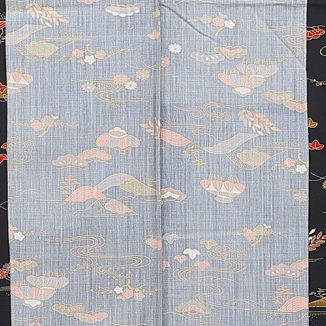 洗える着物 紬 単衣 身丈160cm 裄丈63cm ポリエステル Sランク カジュアル バチ衿 Lサイズ 染め紬 梅 笠松 黒系 RP 1223-16280