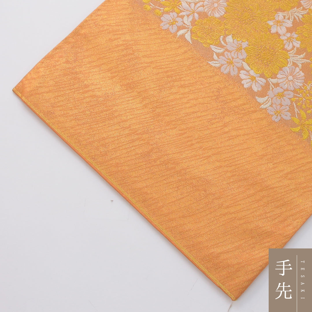 袋帯 帯丈448cm セミフォーマル ポイント柄 Aランク 正絹 菊 金系 朱系 1223-02331