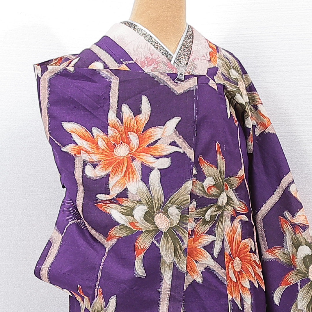 アンティーク 道行コート（銘仙） 袷 身丈86cm 裄丈64cm 正絹 Aランク Mサイズ 亀甲 花柄 青系 1263-15179