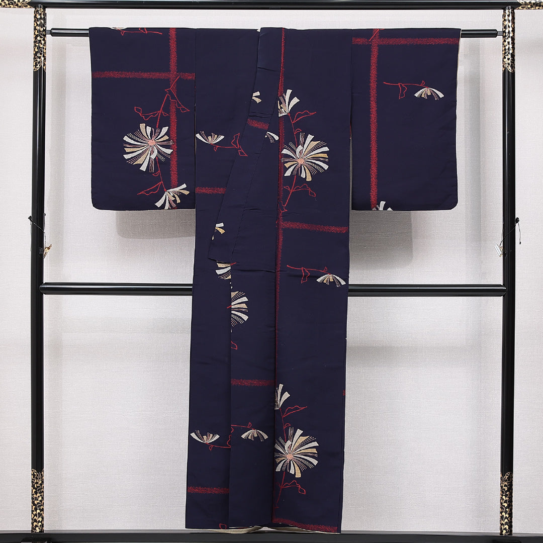 アンティーク お召 袷 身丈150cm 裄丈62cm 正絹 Dランク Sサイズ バチ衿 菊 紫系 1265-15042