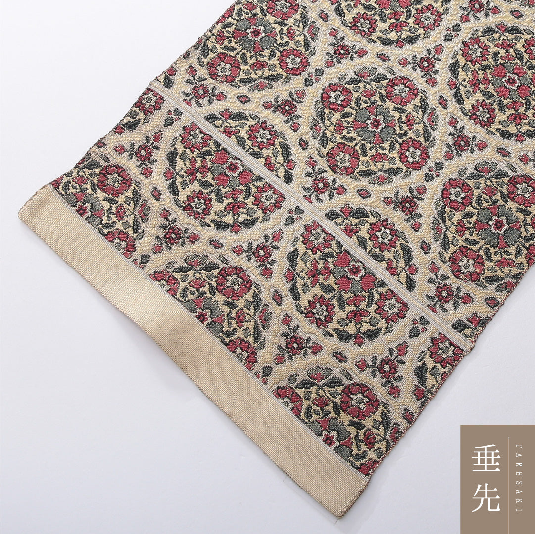 八寸名古屋帯 帯丈392cm カジュアル 開き仕立て 全通 Aランク 正絹 花文 多色系 クリーム系 1224-03916