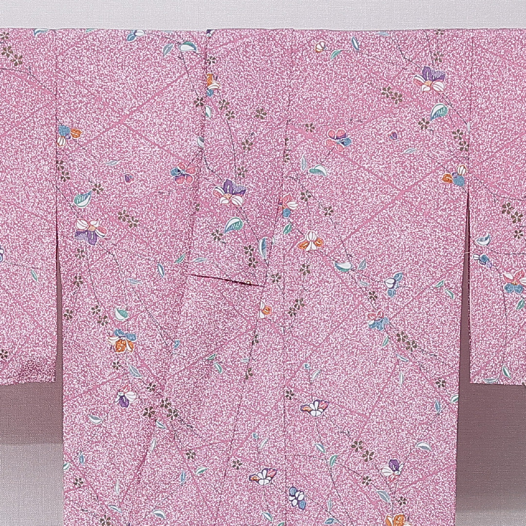 小紋 洗える着物 袷 身丈163cm 裄丈66cm ポリエステル Aランク Lサイズ 広衿 インフォーマル 桜 ピンク系 1215-15795