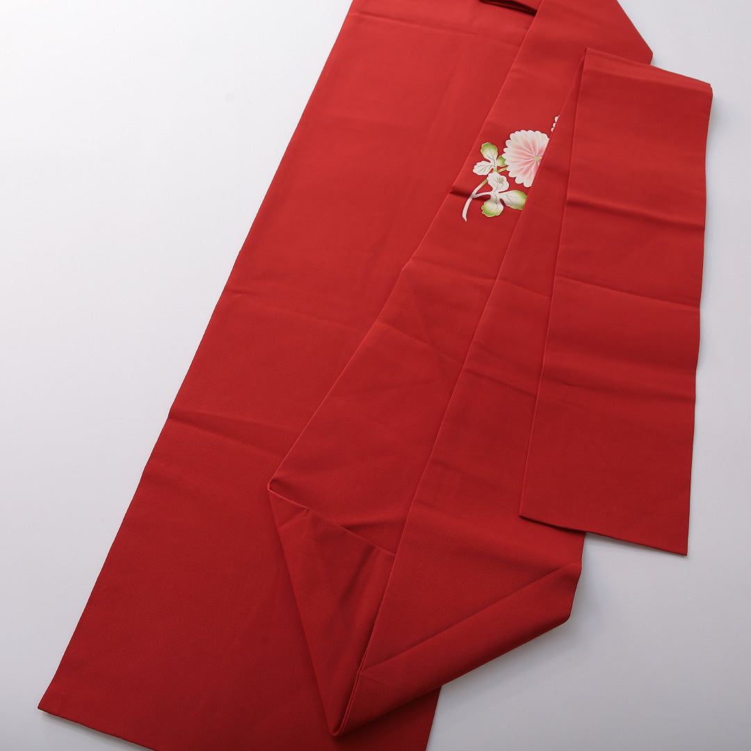 九寸名古屋帯 帯丈358cm セミフォーマル 名古屋仕立て ポイント柄 Aランク 正絹 染め帯 塩瀬 菊 赤系 1224-03514