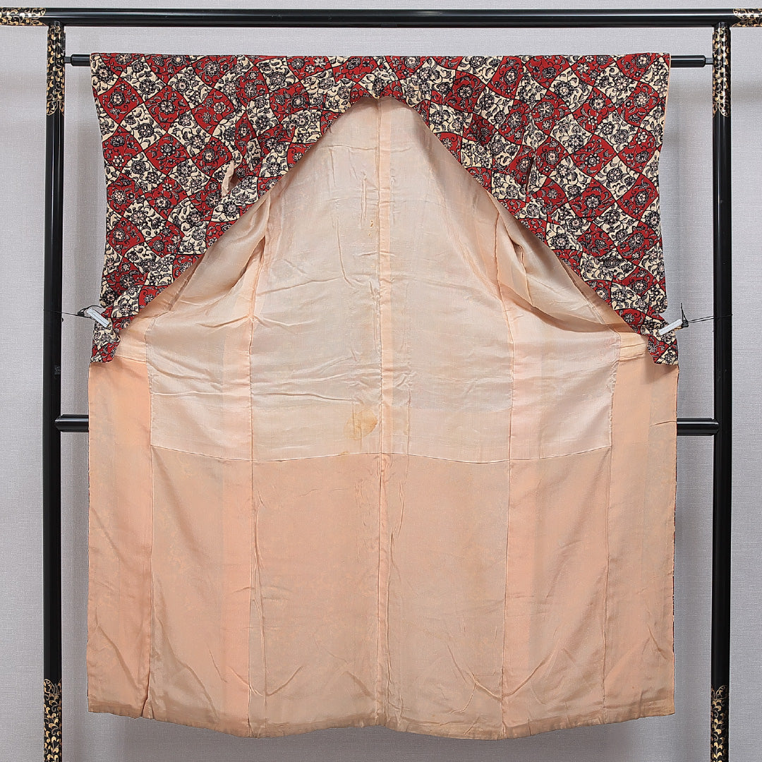 アンティーク 小紋 袷 身丈151cm 裄丈60cm 正絹 Cランク Sサイズ バチ衿 花柄 多色系 赤系 1215-16035