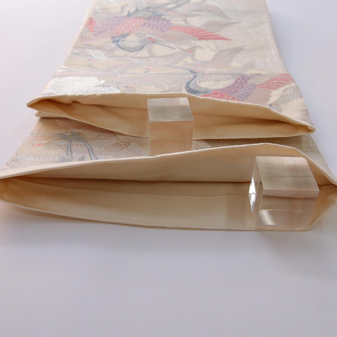 袋帯 帯丈432cm 正絹 六通 フォーマル 琳派 鶴 白系 銀系 1243-01947