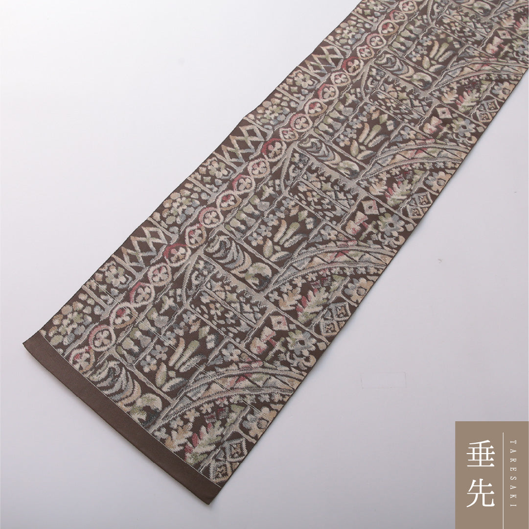 八寸名古屋帯 Sランク 帯丈357cm 正絹 全通 松葉仕立て 織り カジュアル 創作柄 茶系 RP 1245-03534
