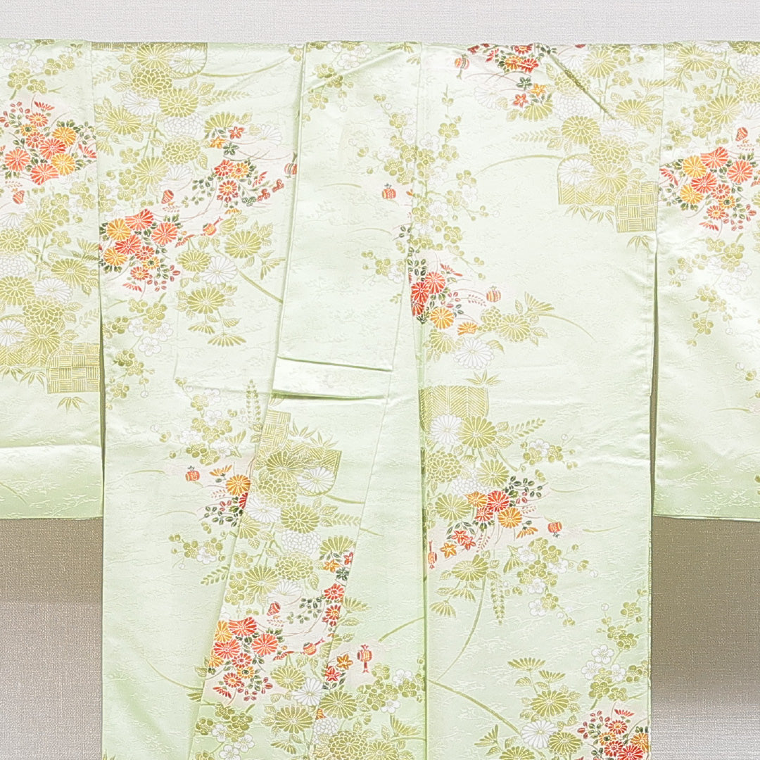 小紋 洗える着物 袷 身丈157cm 裄丈66cm ポリエステル Cランク Mサイズ 広衿 インフォーマル 光悦垣 菊 緑系 1215-16385