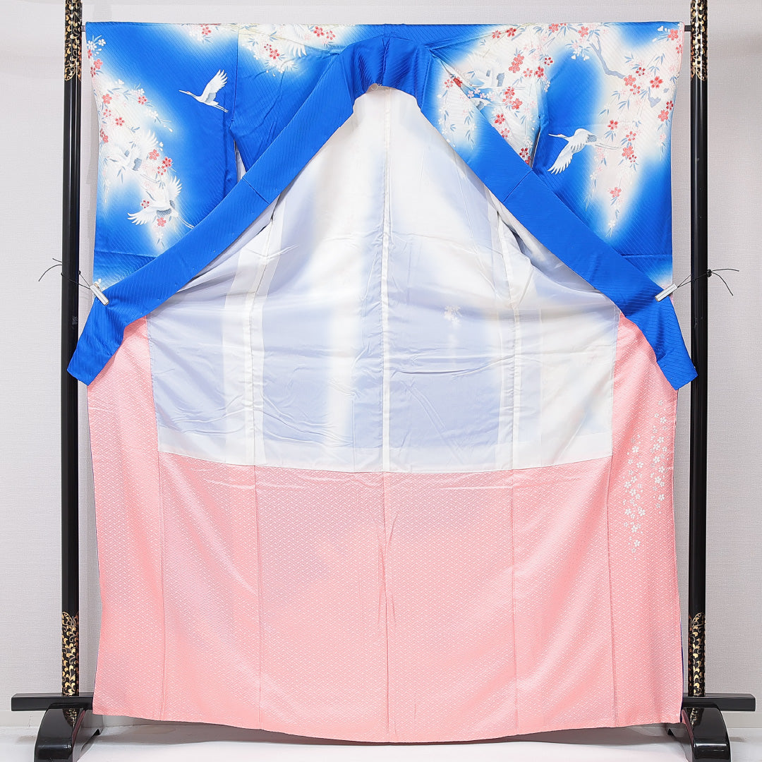 振袖 袷 身丈168cm 裄丈65cm フォーマル Cランク XLサイズ 正絹 広衿 鶴 扇 桜 1213-F0665