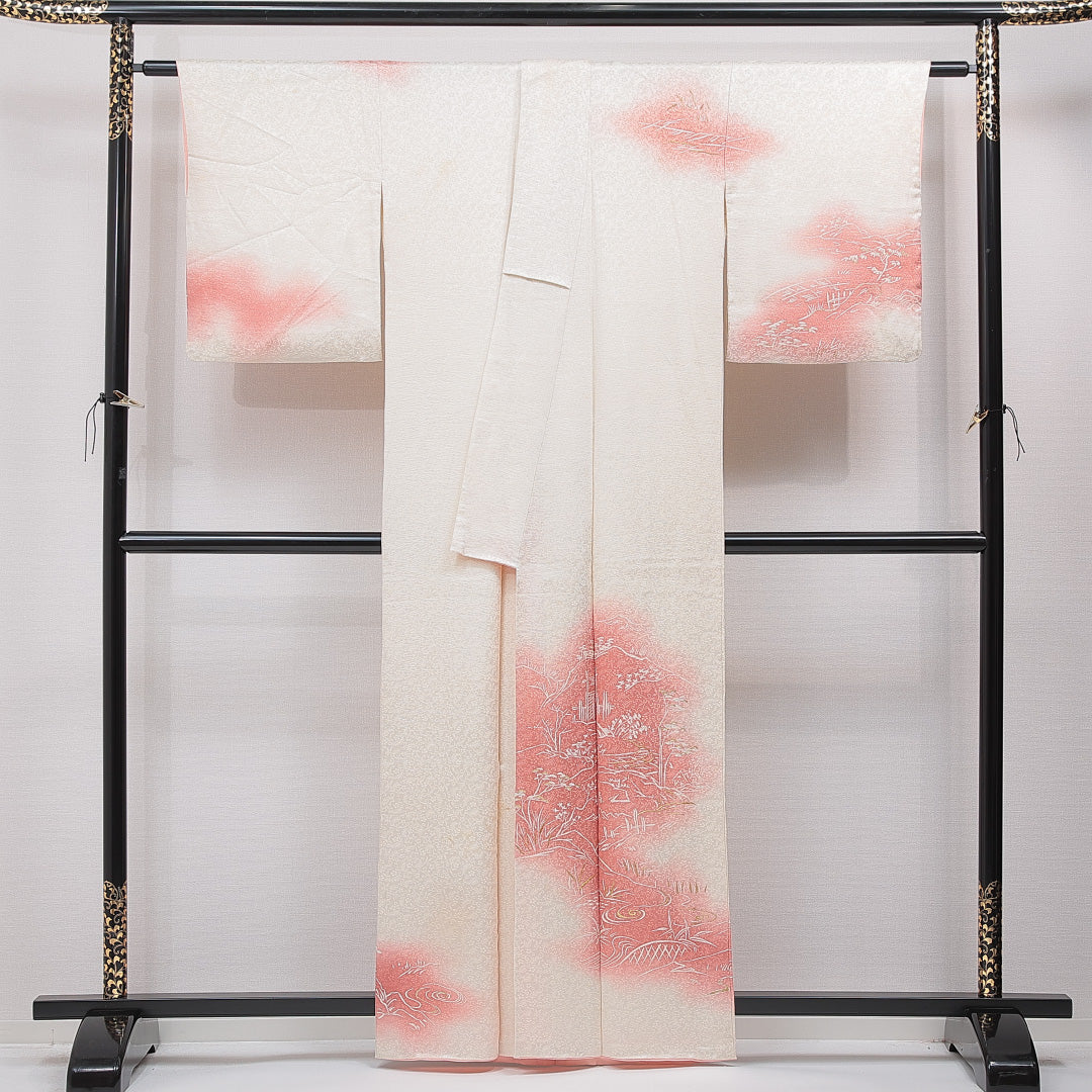 訪問着 袷 身丈159cm 裄丈62cm 正絹 Cランク セミフォーマル 広衿 Mサイズ 刺繍 松 白系 LP 1217-15349