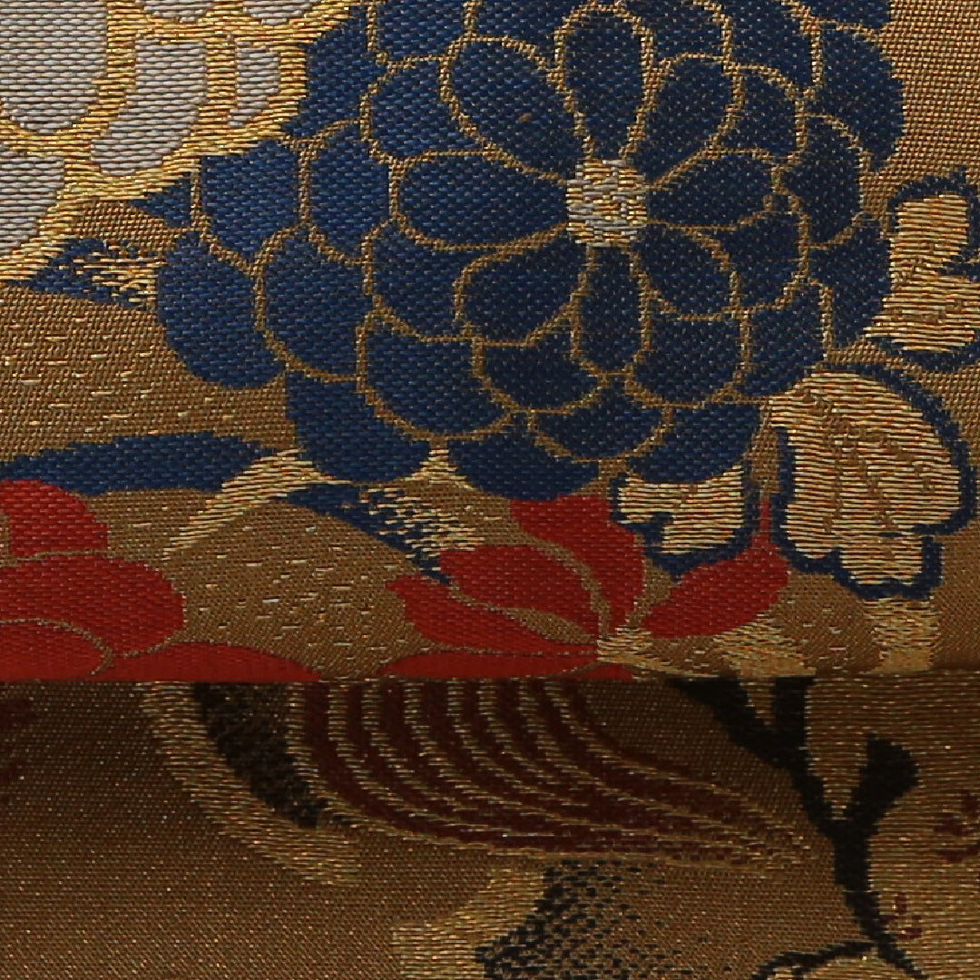 アンティーク 九寸名古屋帯 帯丈349cm セミフォーマル 名古屋仕立て 六通 Aランク 正絹 菊 黄系 1224-03624