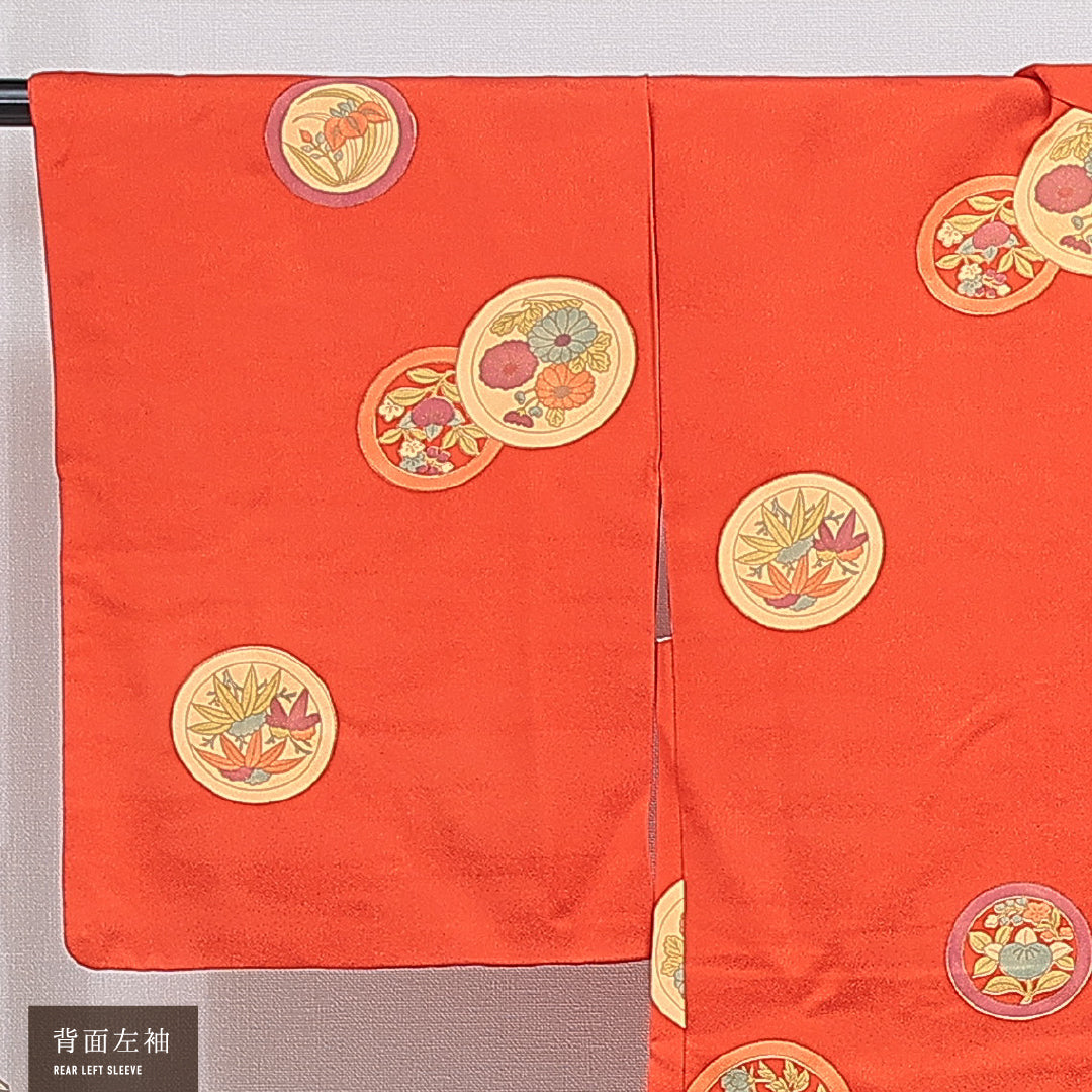 羽織 袷 身丈79cm 裄丈65cm 正絹 Sランク カジュアル Mサイズ 紐あり 花柄 丸文 朱系 RP 1232-16128
