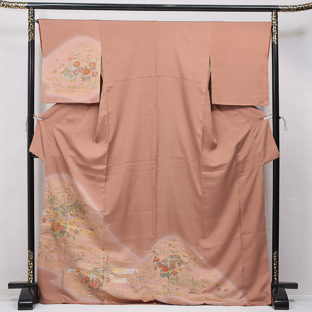 訪問着 袷 身丈172cm 裄丈65cm 正絹 Cランク 2XLサイズ 広衿 セミフォーマル 茶屋辻 茶系 1212-15708