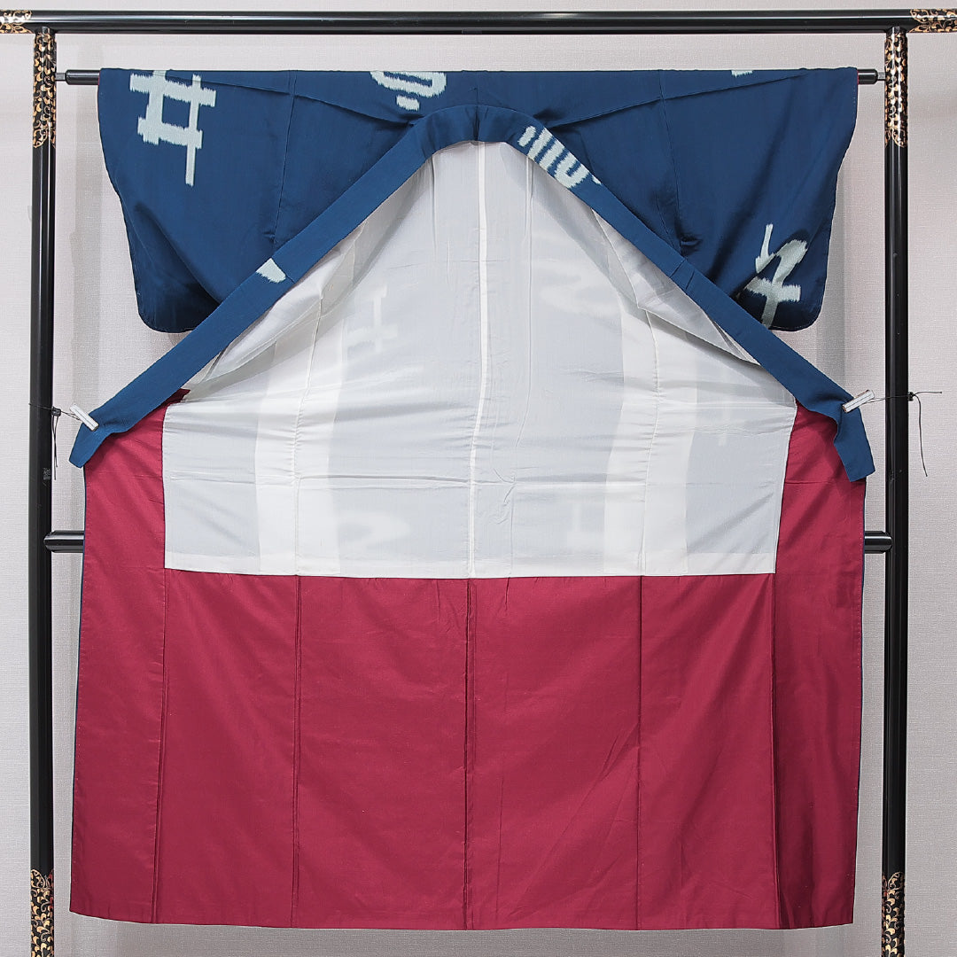 お召 袷 身丈153cm 裄丈61cm 正絹 Cランク インフォーマル バチ衿 Sサイズ 抽象柄 紺系 LP 1222-15194